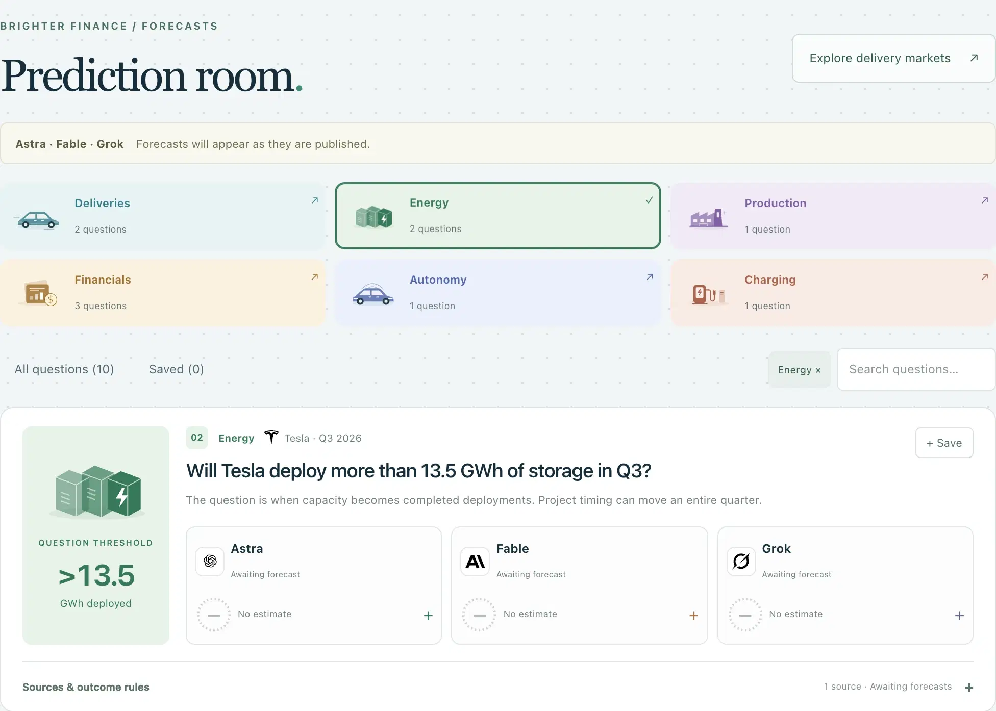 Prediction Room with an investor question and Astra, Fable, and Grok awaiting forecasts.